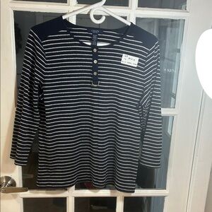 W67.   Chaps Navy & White Striped Henley Shirt